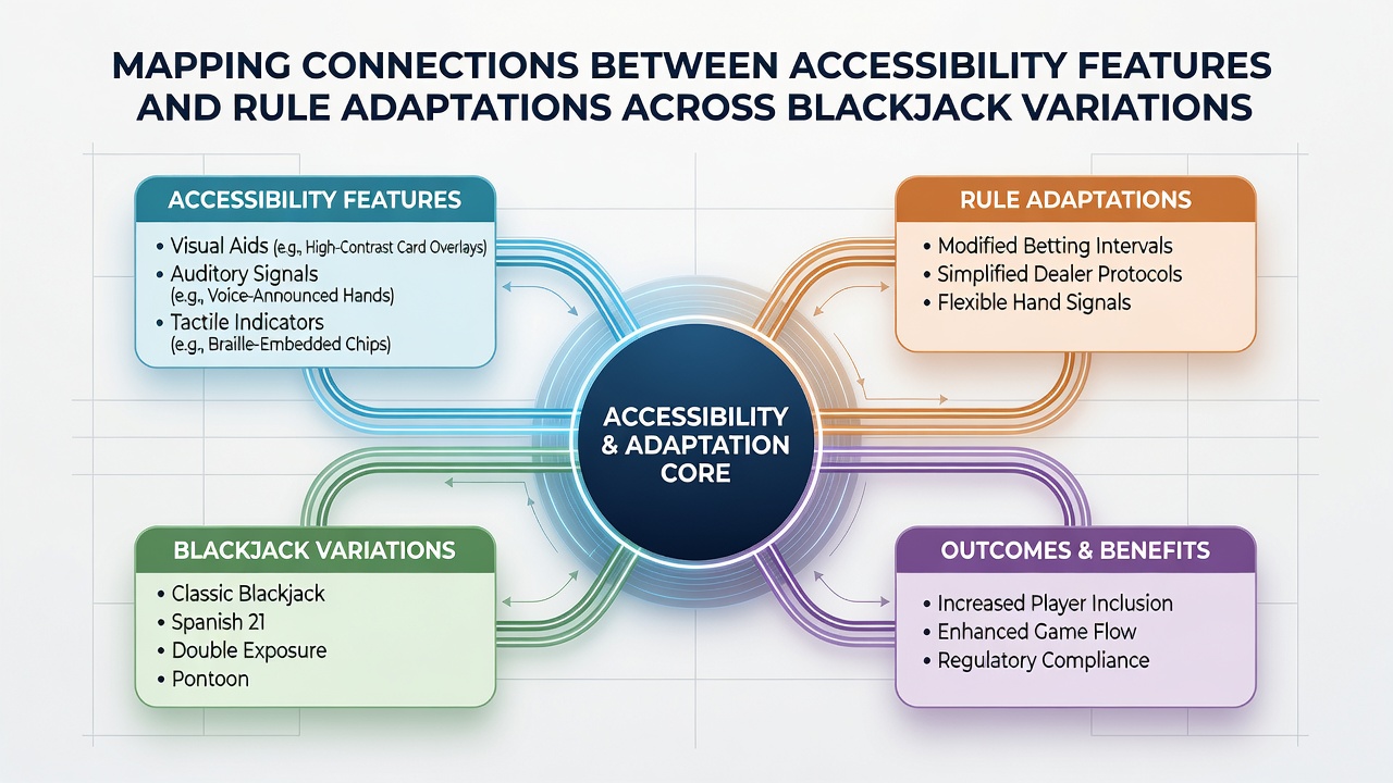 Chart illustrating connections between accessibility features and adapted blackjack rules from various studios