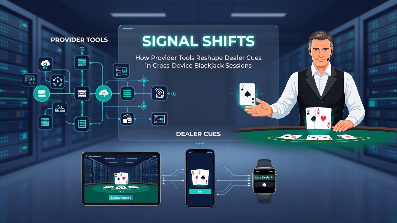 Cross-device blackjack interface showing synchronized dealer cues across smartphone and tablet screens